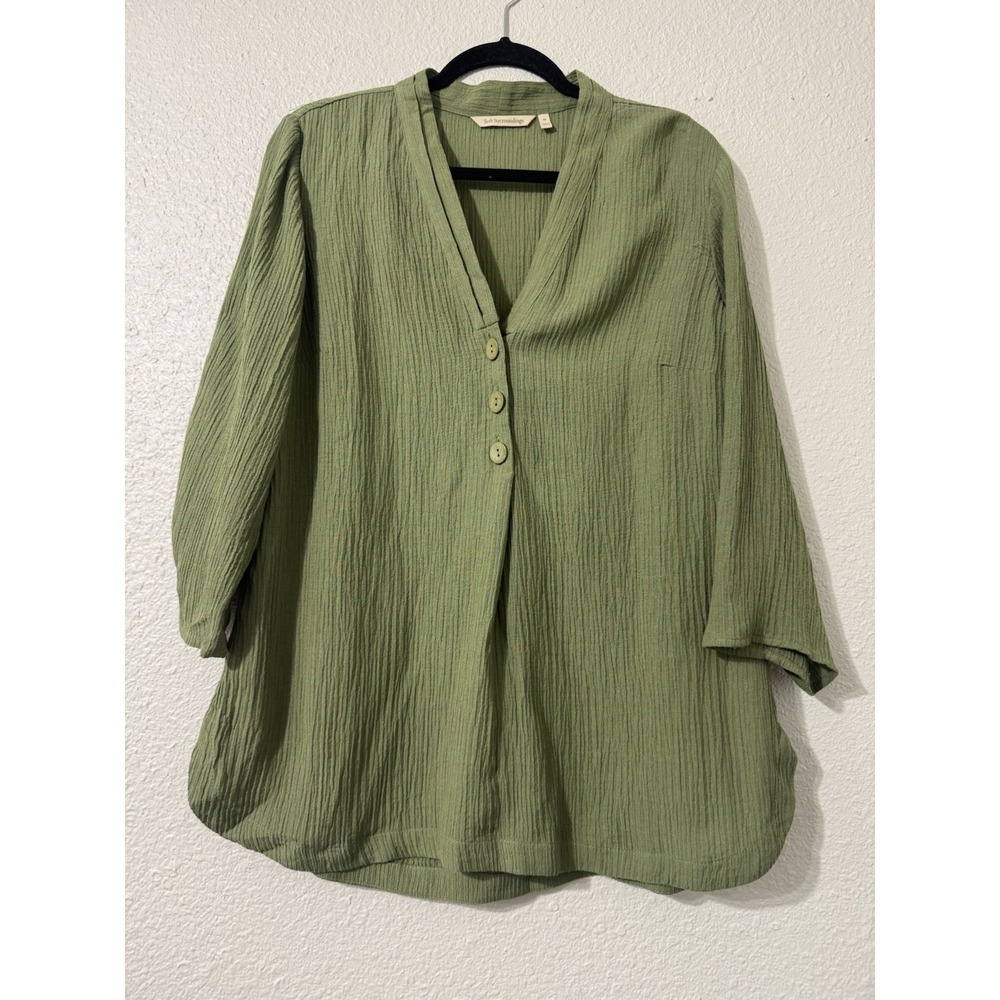 Soft Surroundings M Top Ramie Boho Lagenlook Earthy Minimal Green